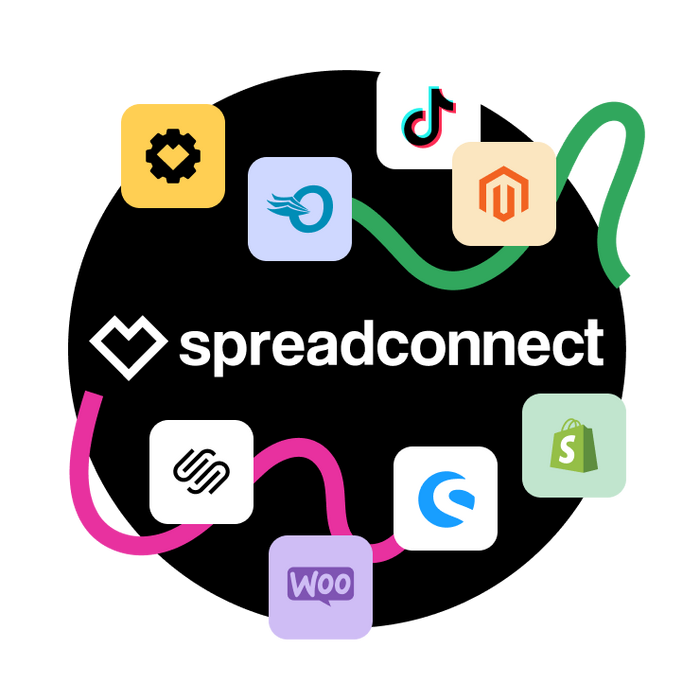 spreadconnect logo with integration logos surrounding the main font for integrations like shopify, squarespace and tiktok